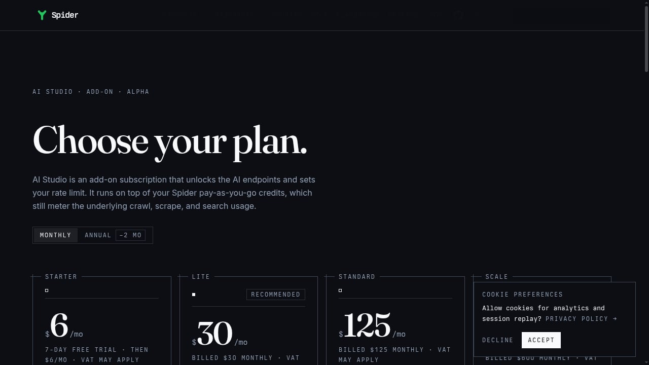 First viewport screenshot of AI Studio Pricing - Spider