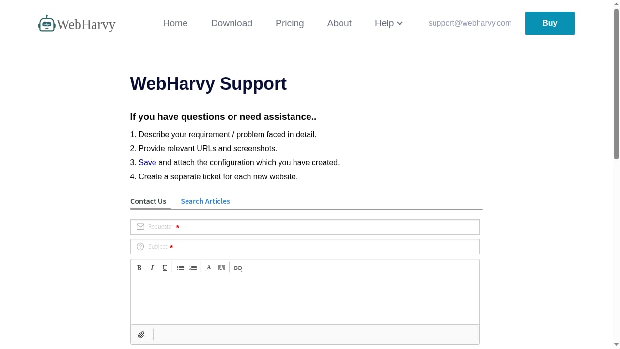 First viewport screenshot of WebHarvy Support