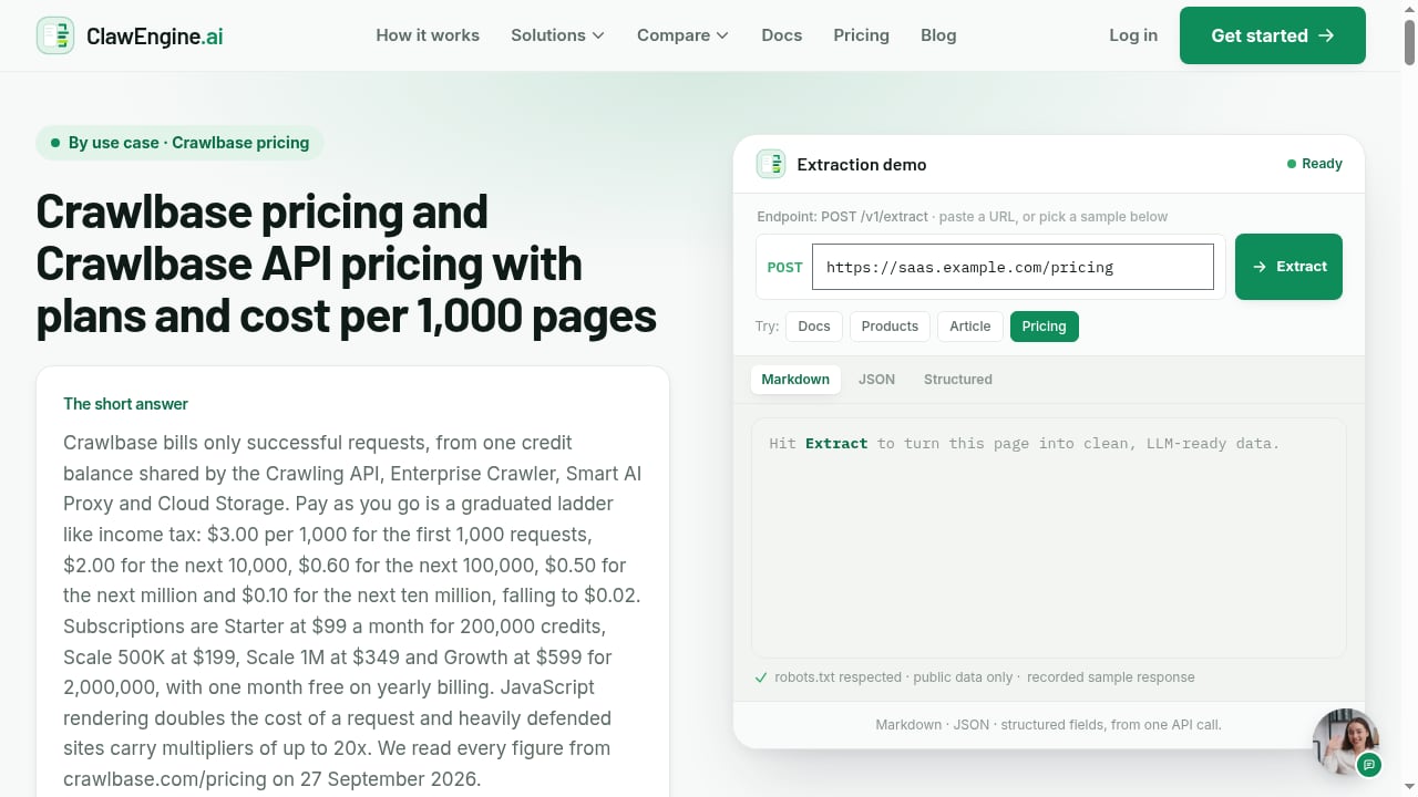 First viewport screenshot of Crawlbase Pricing and Crawlbase API Pricing by Plan | ClawEngine