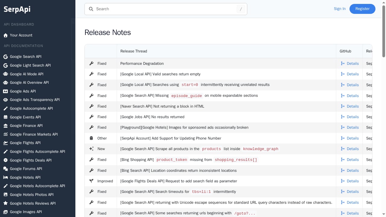 First viewport screenshot of SerpApi Release Notes - SerpApi