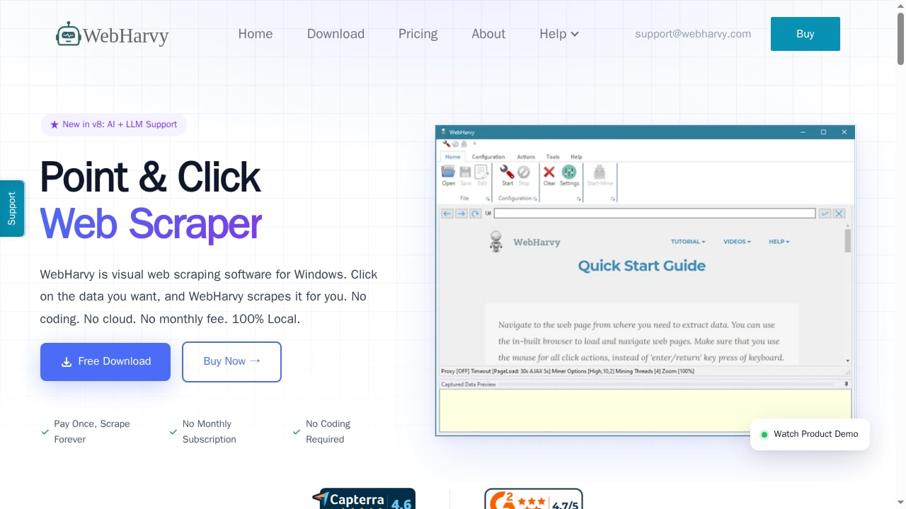 First viewport screenshot of WebHarvy - Visual Web Scraper. Pay Once, Scrape Forever.