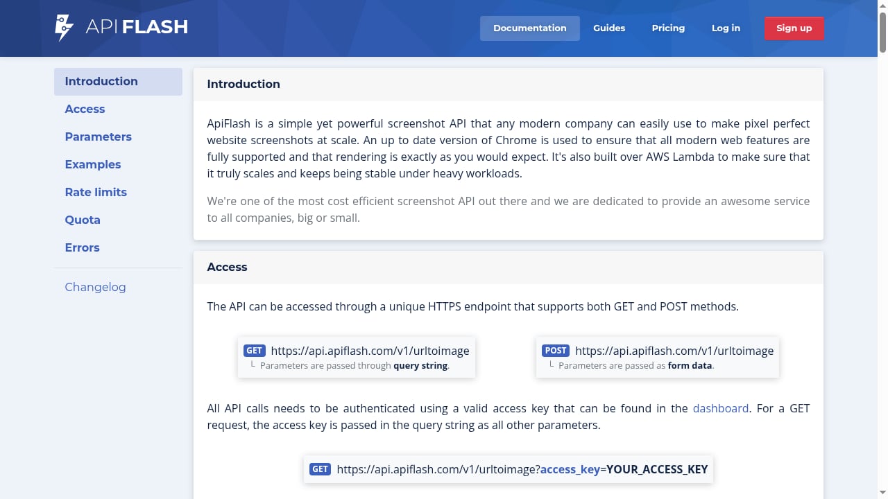 First viewport screenshot of ApiFlash documentation to use our website screenshot API.
