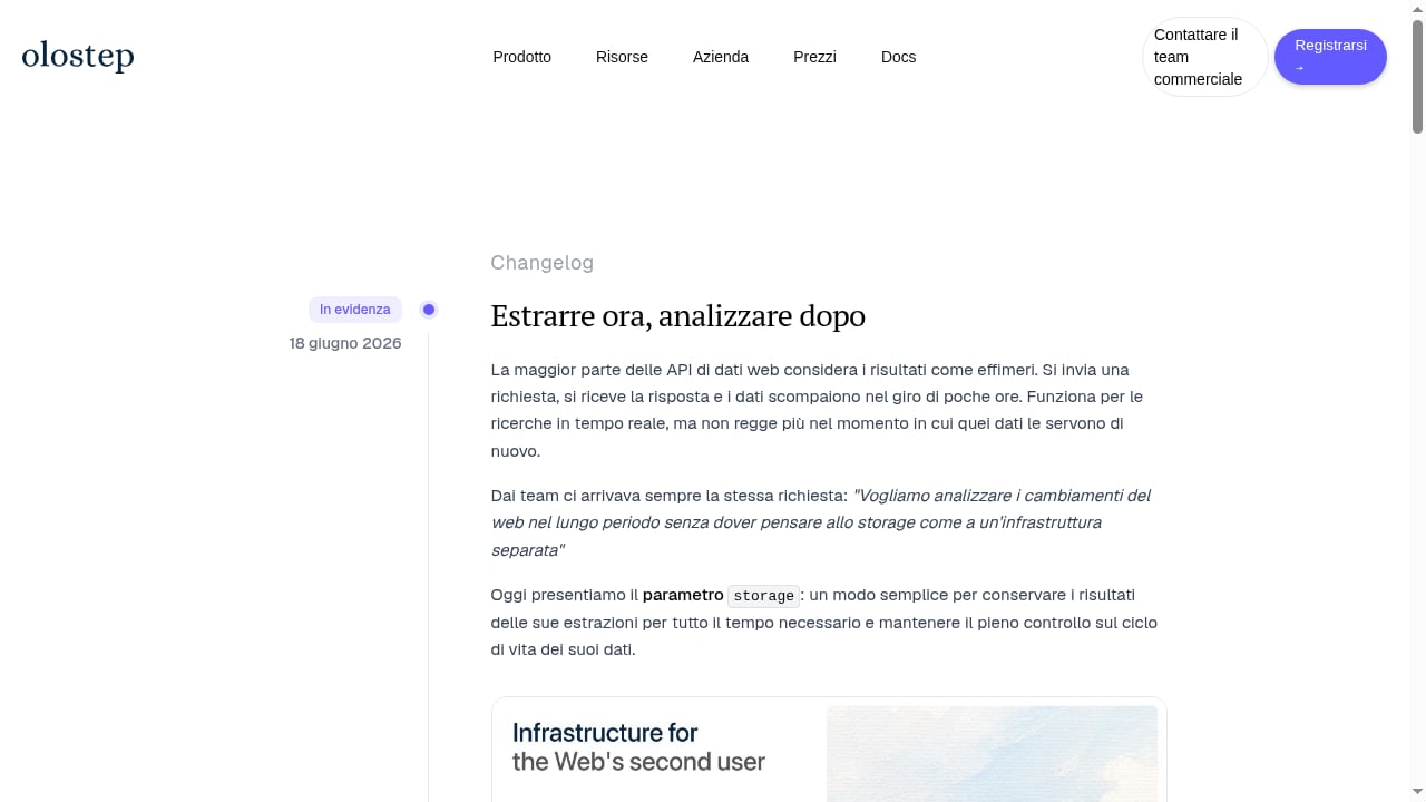 First viewport screenshot of Changelog: novità e correzioni | Olostep