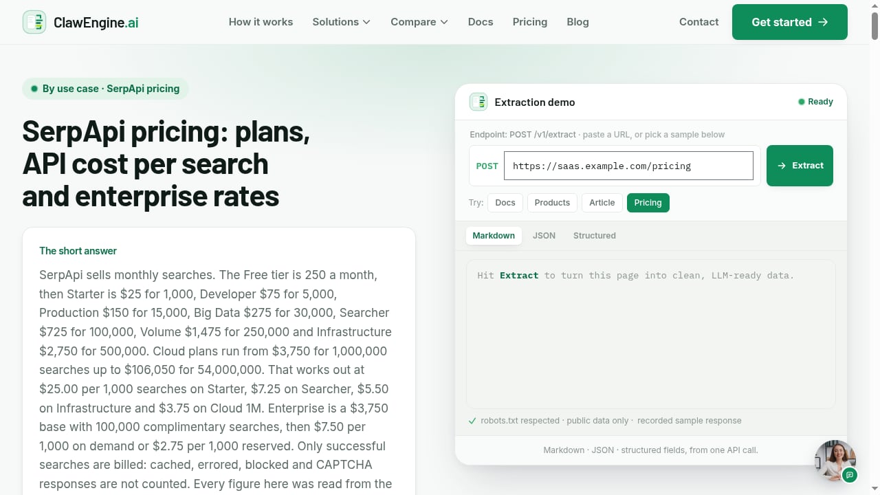 First viewport screenshot of SerpApi Pricing: Cost per 1,000 Searches by Plan | ClawEngine.ai