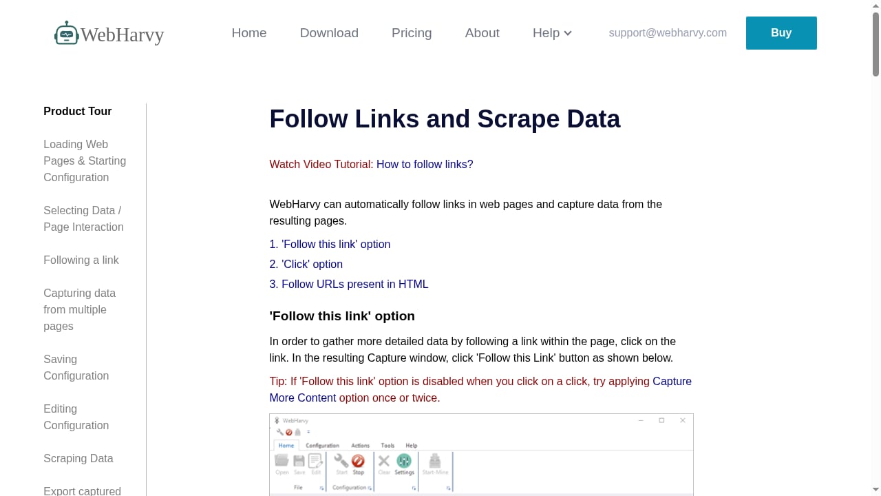 First viewport screenshot of How to Scrape Data by Following Links | WebHarvy User Guide