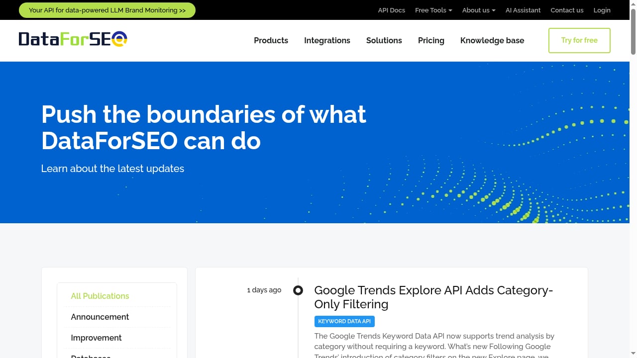 First viewport screenshot of Updates – DataForSEO