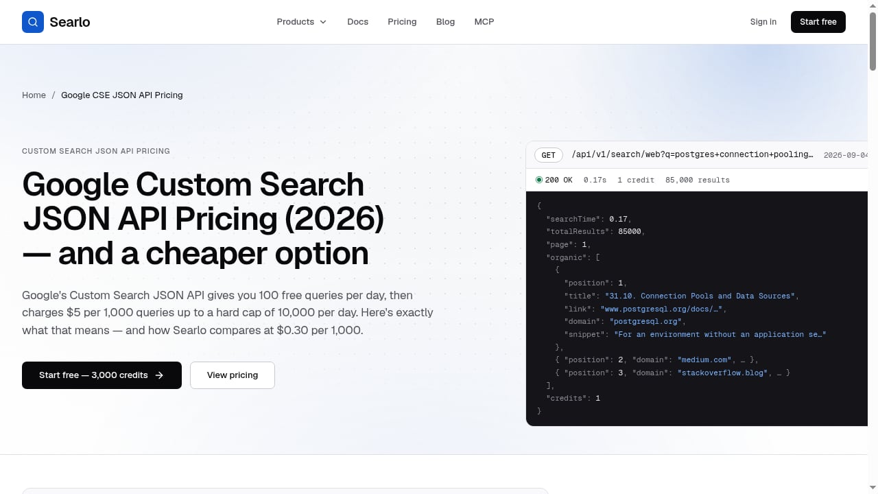 First viewport screenshot of Custom Search JSON API Pricing 2026: $5/1K | Searlo