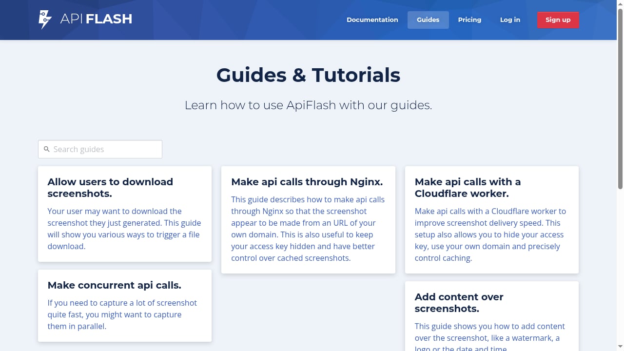 First viewport screenshot of ApiFlash guides covering most common use cases.