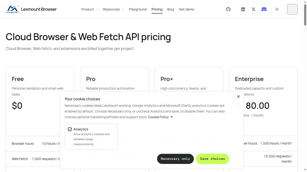 First viewport screenshot of Cloud Browser & Web Fetch API Pricing | Lexmount