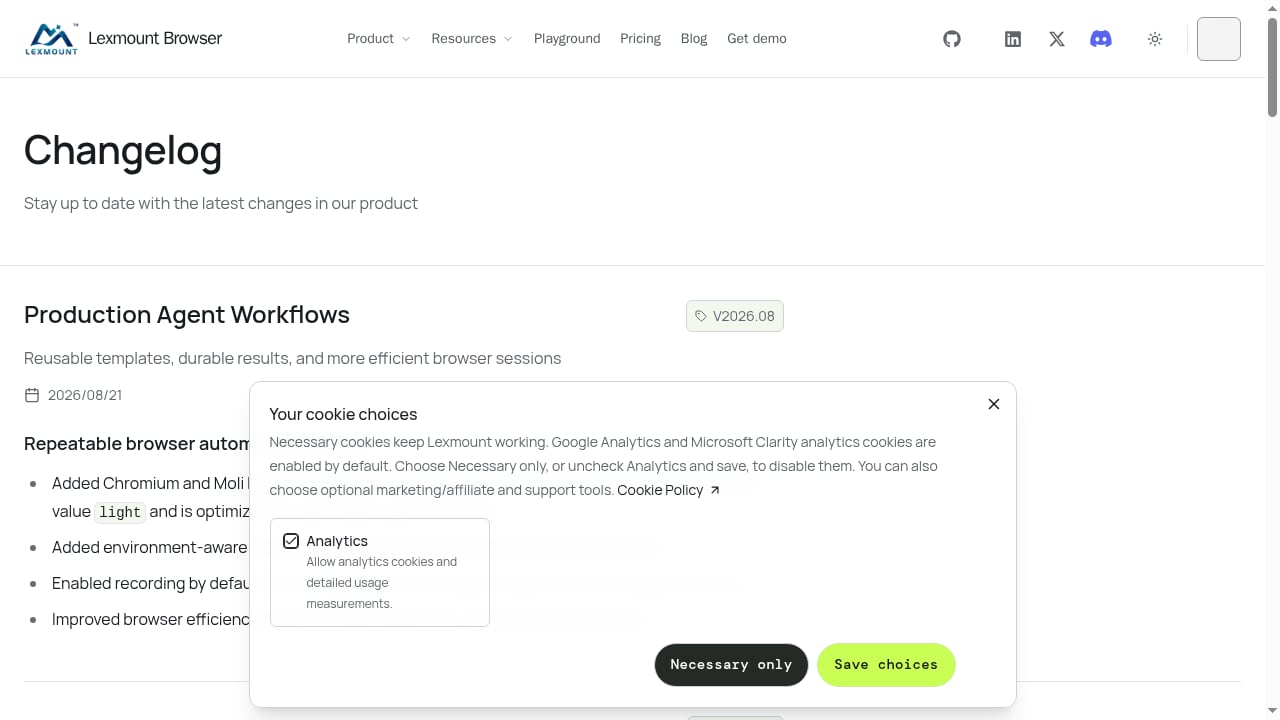 First viewport screenshot of Changelog | Cloud Browser API for AI Agents & Web Fetch | Lexmount