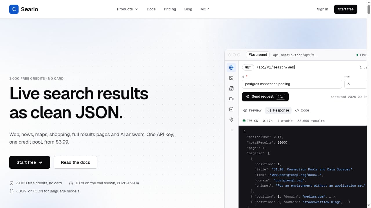 First viewport screenshot of Searlo — SERP API: live search results as clean JSON
