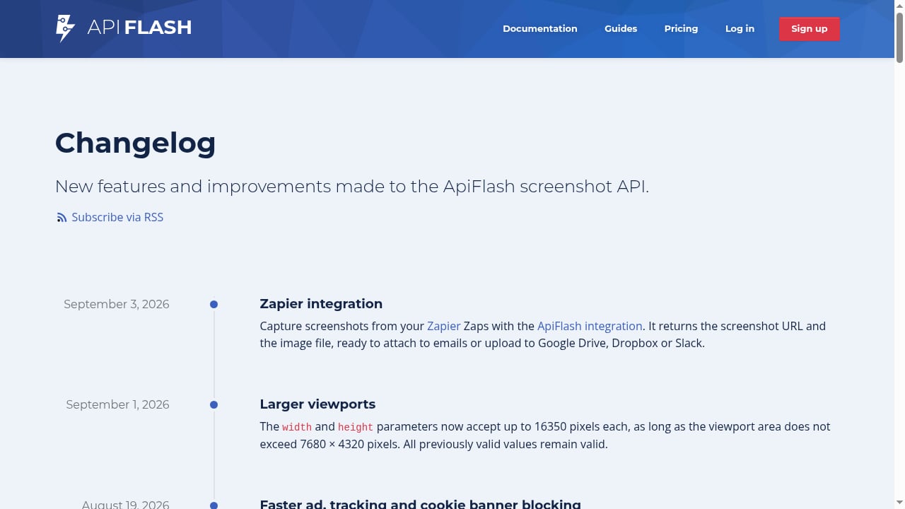 First viewport screenshot of ApiFlash screenshot API changelog.