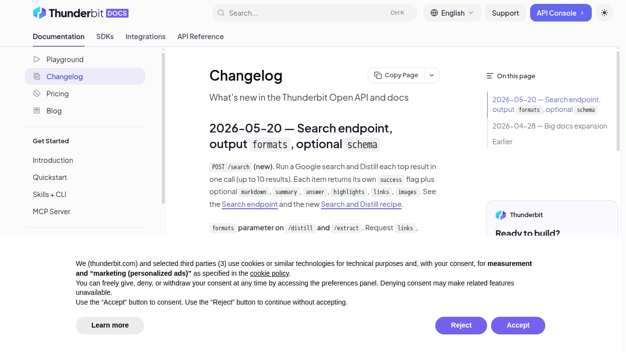 First viewport screenshot of Changelog | Thunderbit API