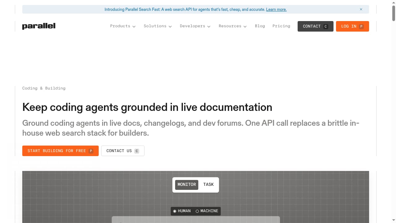 First viewport screenshot of Web Search API for Coding Agents | Parallel