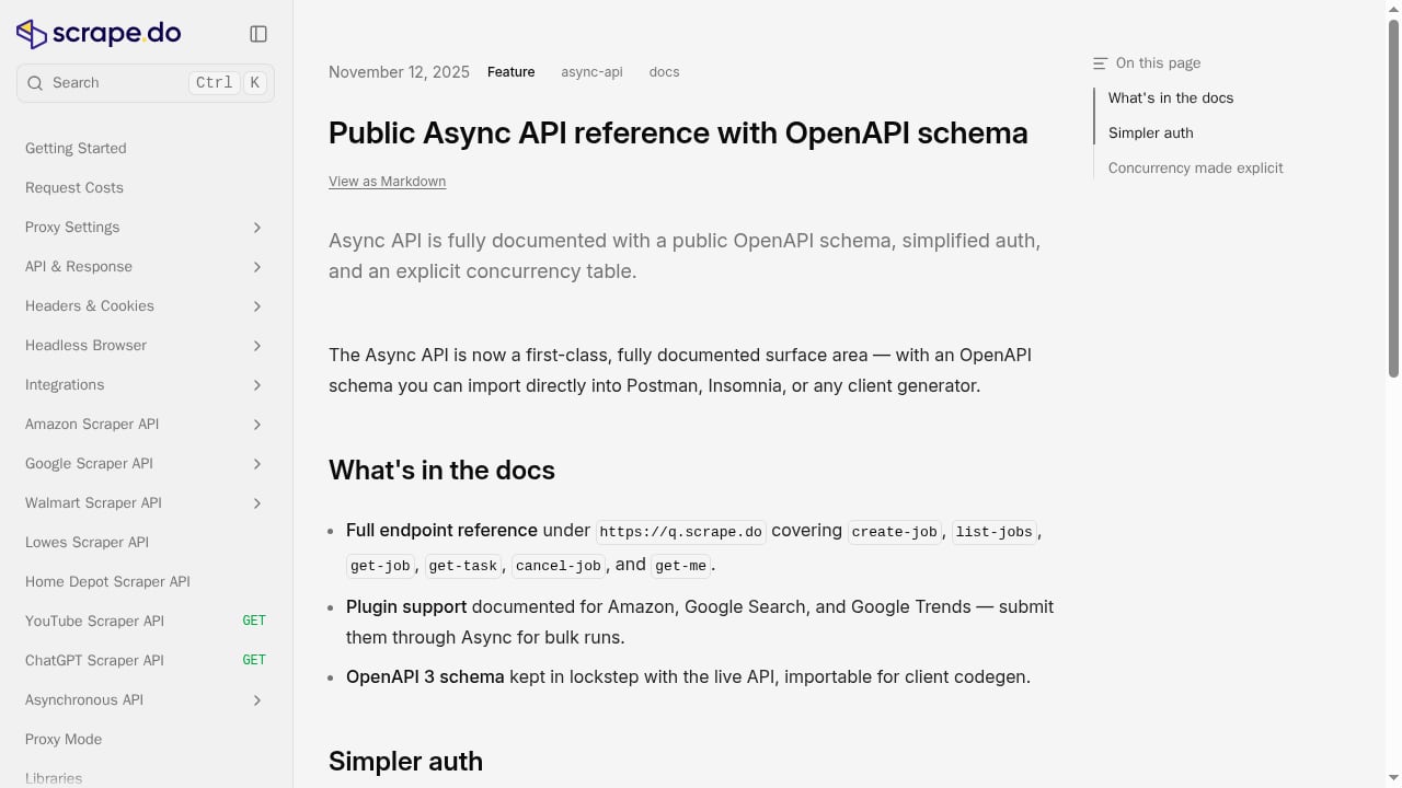 First viewport screenshot of Public Async API reference with OpenAPI schema