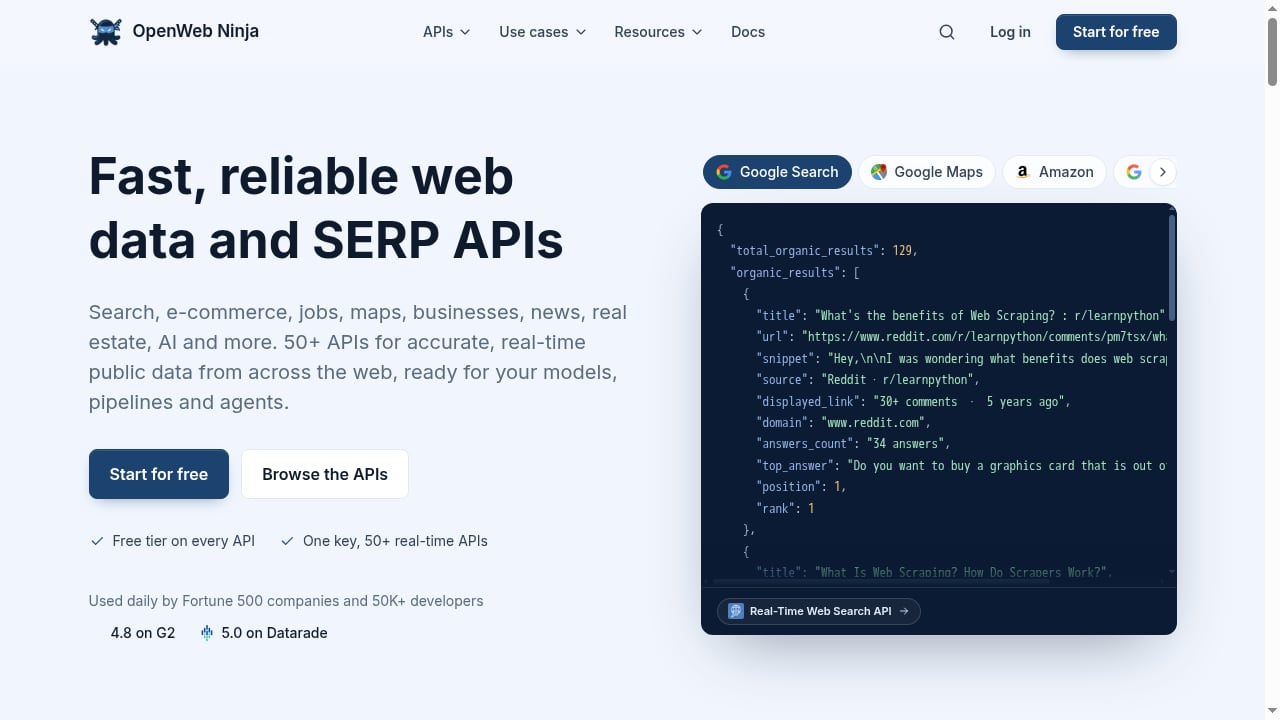 First viewport screenshot of Real-Time Public Data API Stack | OpenWeb Ninja