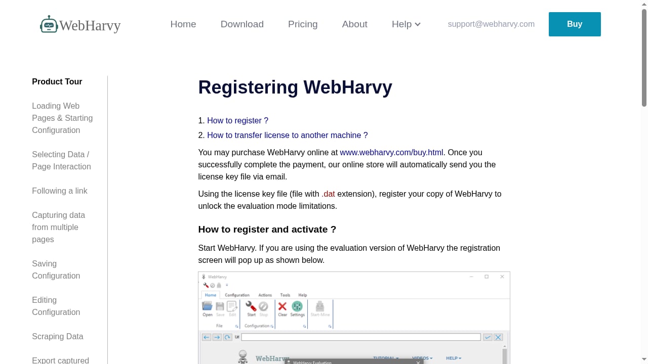 First viewport screenshot of How to Register? | WebHarvy User Guide