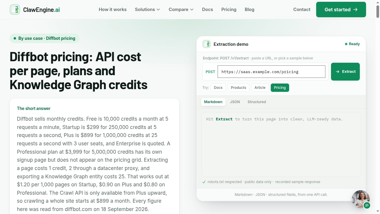 First viewport screenshot of Diffbot Pricing: API Cost per 1,000 Pages and Plans | ClawEngine.ai