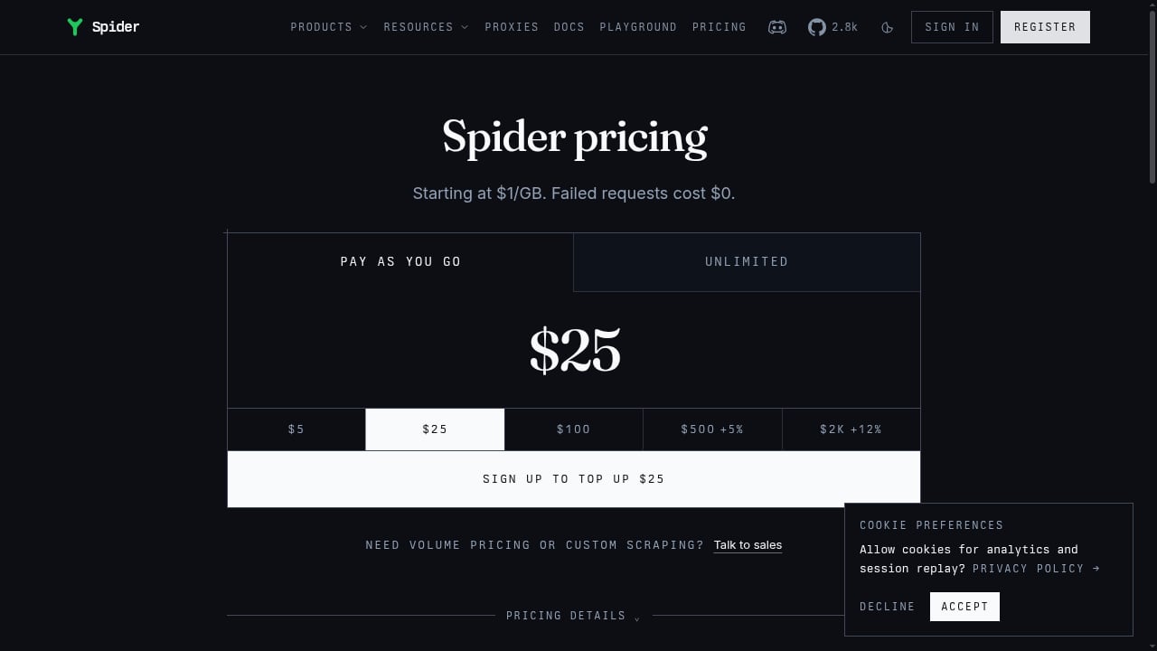 First viewport screenshot of Pricing from $1/GB pay as you go, or Unlimited | Spider