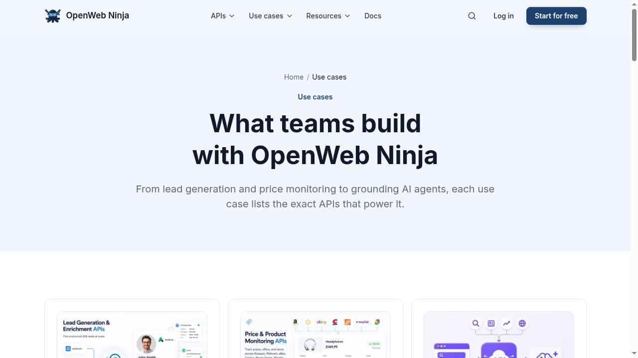 First viewport screenshot of API Use Cases | OpenWeb Ninja
