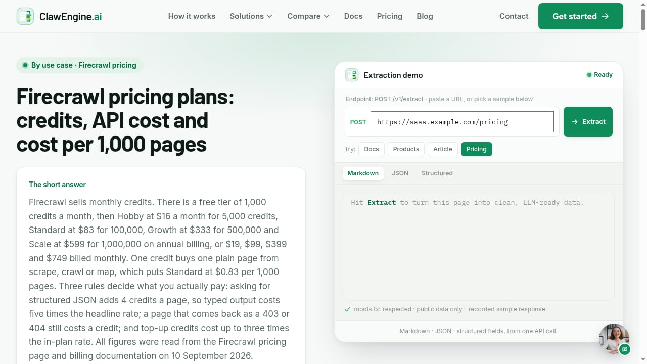 First viewport screenshot of Firecrawl Pricing Plans, Credits and Cost per Page | ClawEngine.ai