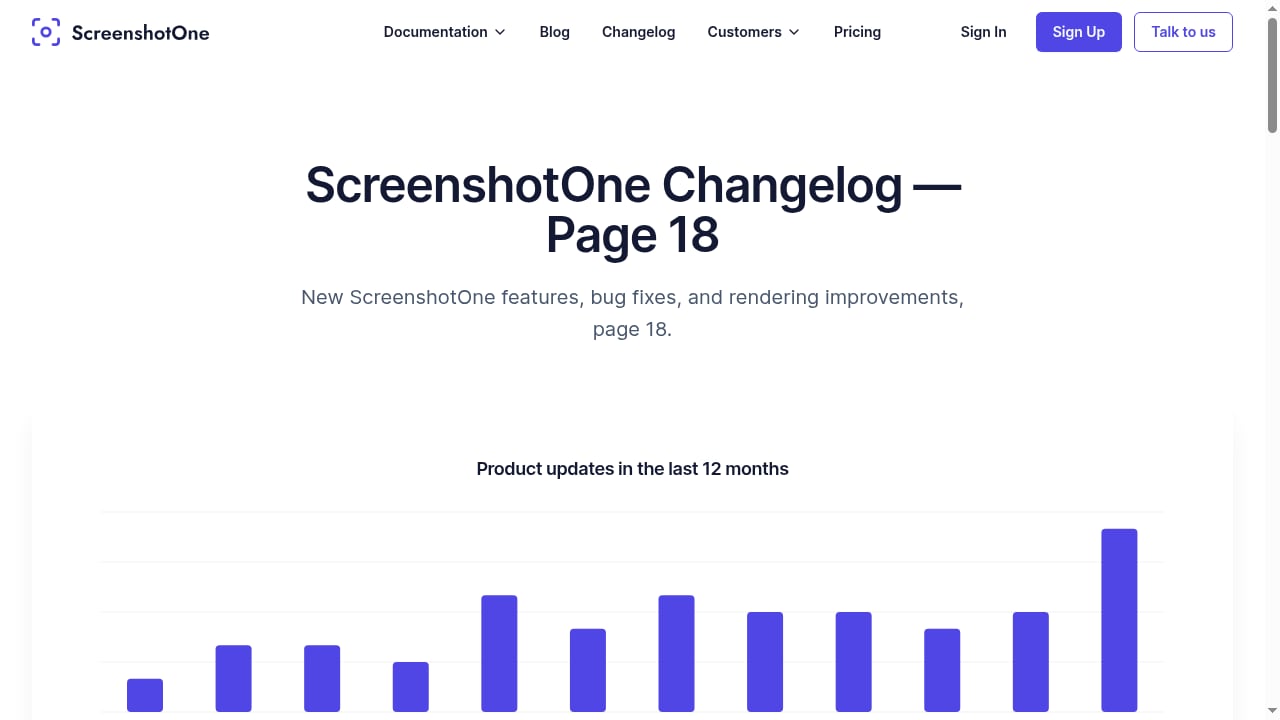 First viewport screenshot of ScreenshotOne Changelog — Page 18