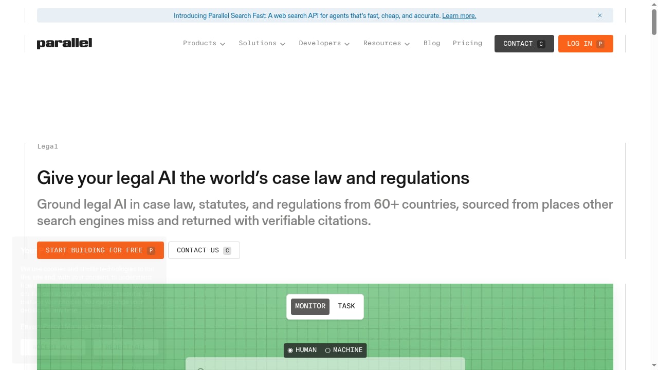 First viewport screenshot of Legal Research API: Global Case Law & Regs | Parallel