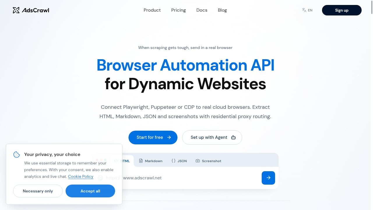 First viewport screenshot of Browser Automation API for Dynamic Websites | AdsCrawl