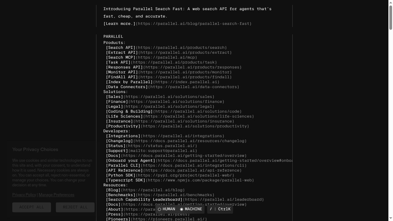First viewport screenshot of Parallel Pricing – Pay-As-You-Go Web Search for AI Agents