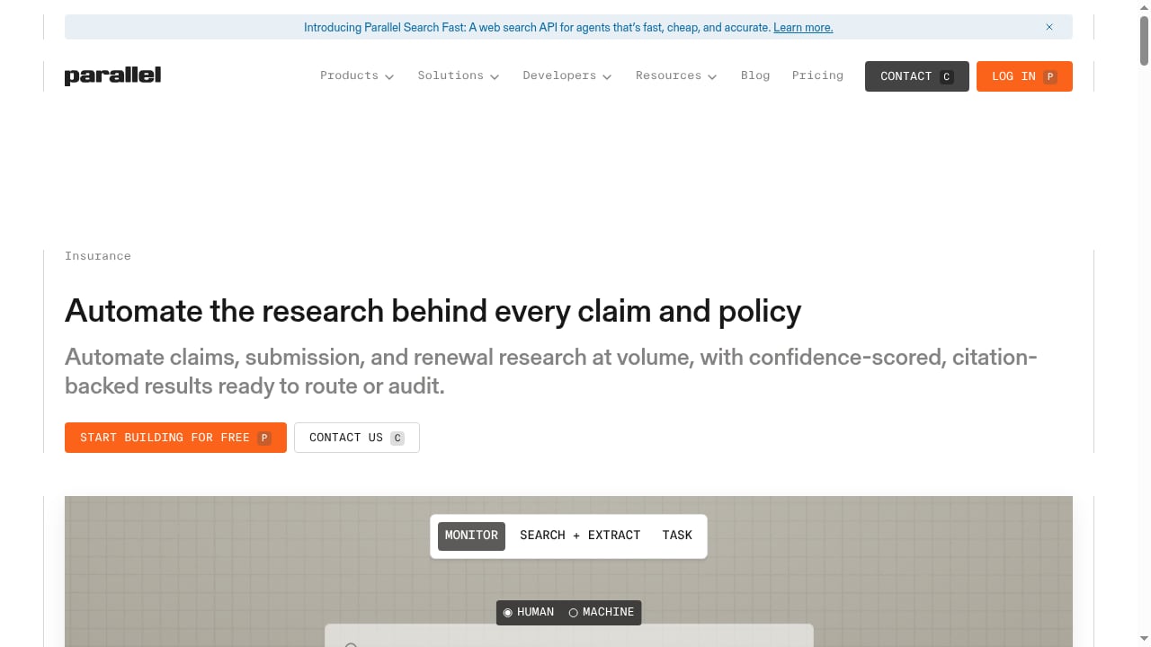 First viewport screenshot of Claims & Underwriting Research API | Parallel