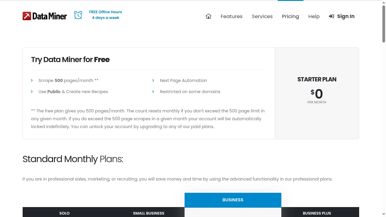 First viewport screenshot of Pricing | Data Miner