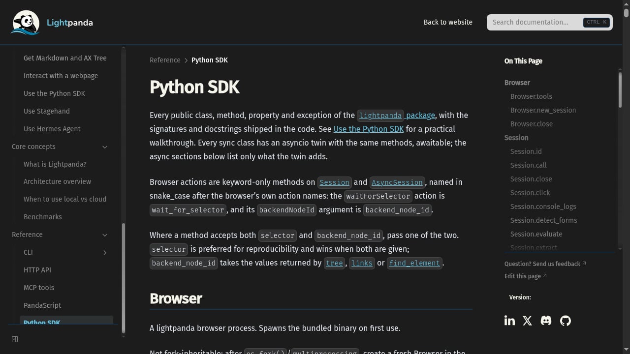 First viewport screenshot of Python SDK - Documentation | Lightpanda