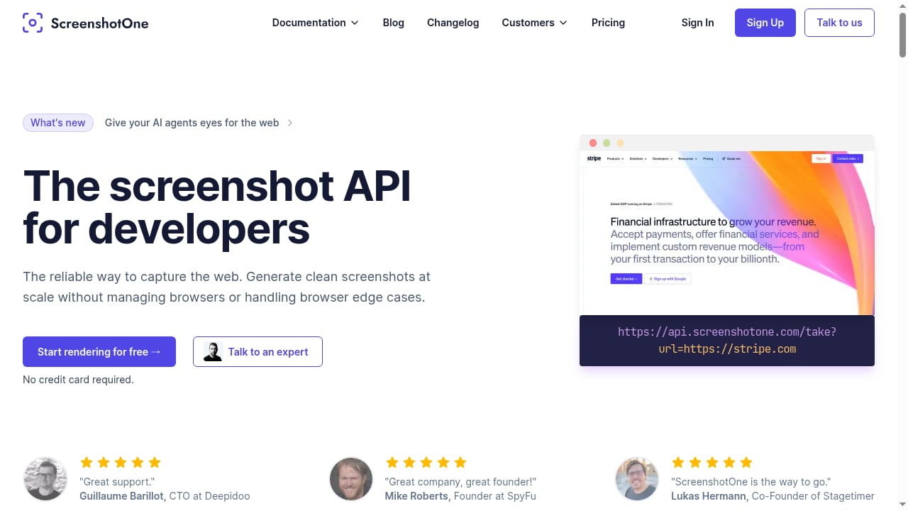 First viewport screenshot of Website Screenshot API for Developers and AI Agents | ScreenshotOne