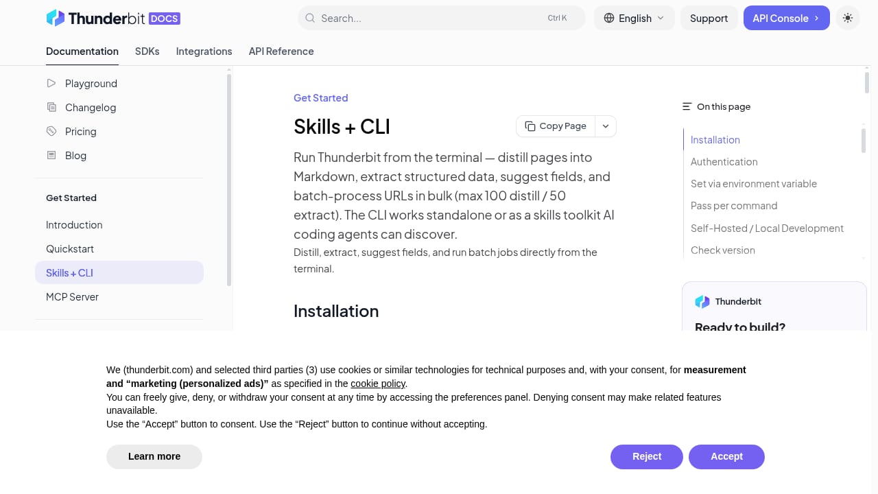 First viewport screenshot of Skills + CLI | Thunderbit API