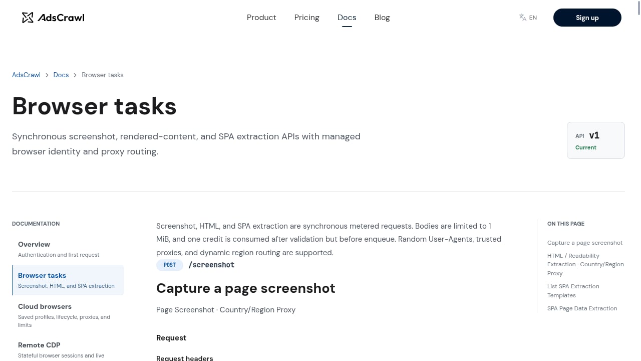 First viewport screenshot of Browser Tasks | AdsCrawl Documentation