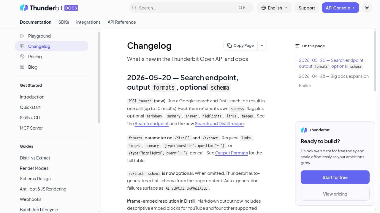 First viewport screenshot of Changelog | Thunderbit API