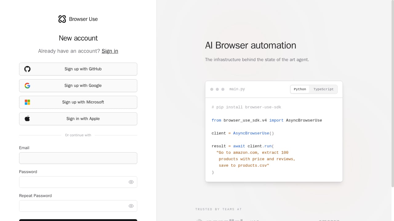 First viewport screenshot of Browser Use Cloud