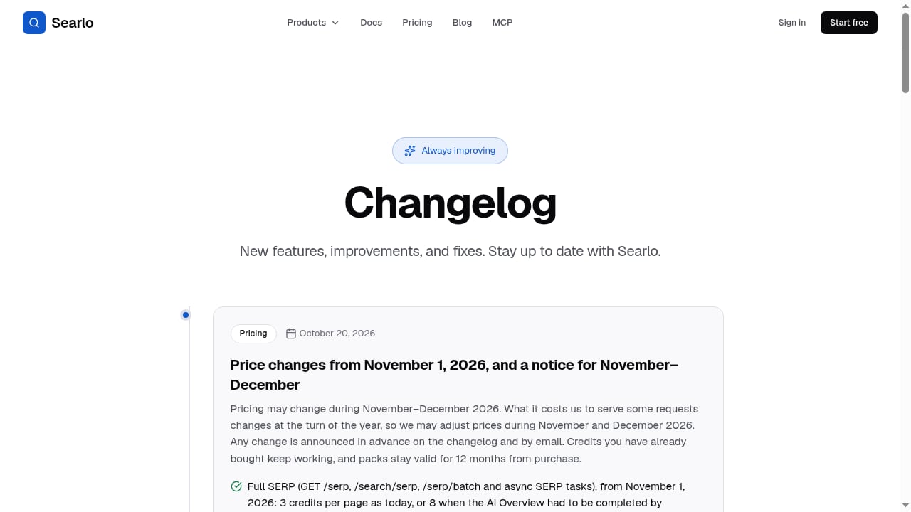 First viewport screenshot of Changelog - Product Updates & New Features | Searlo