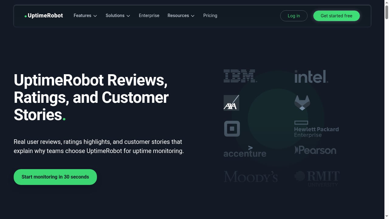 First viewport screenshot of UptimeRobot Reviews, Ratings, and Customer Stories