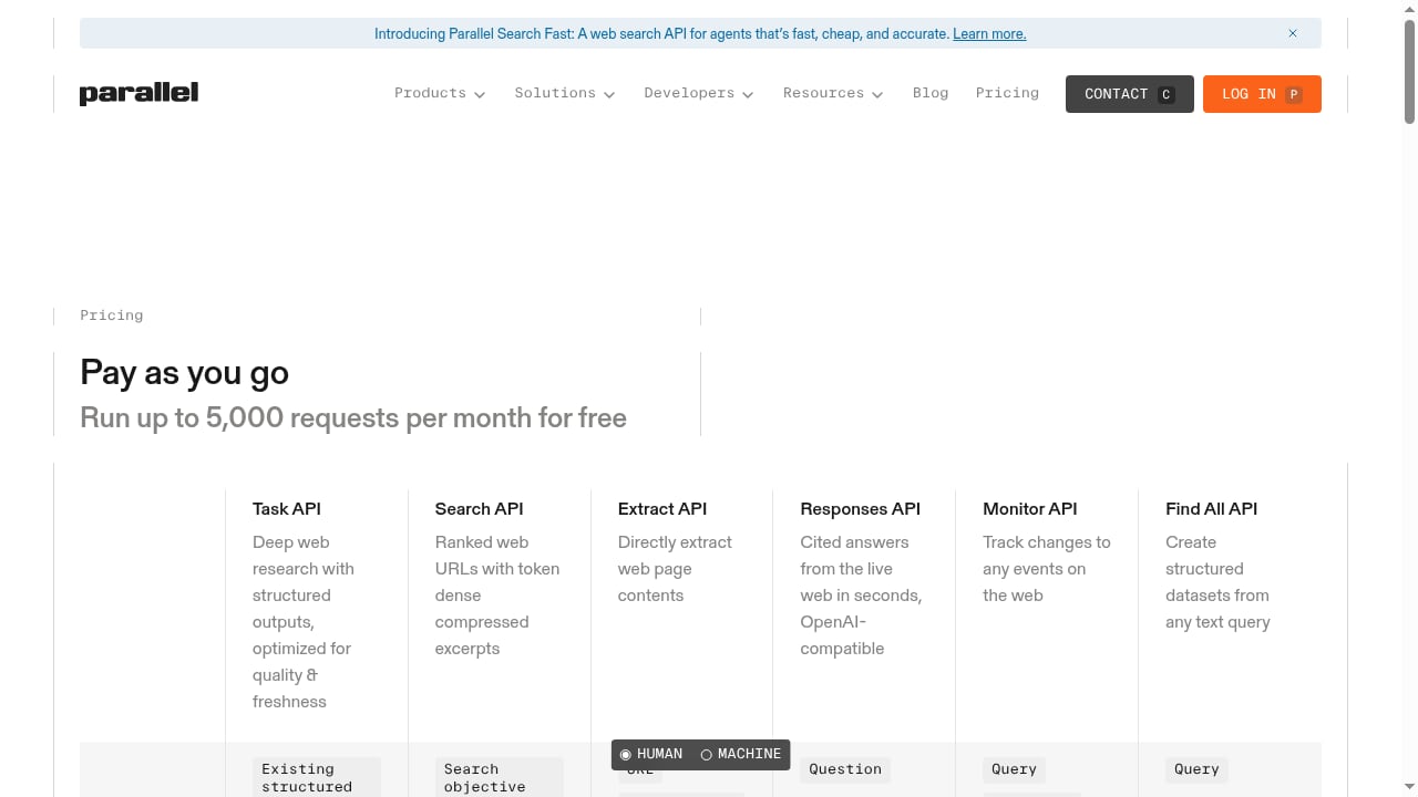 First viewport screenshot of Parallel Pricing – Pay-As-You-Go Web Search for AI Agents