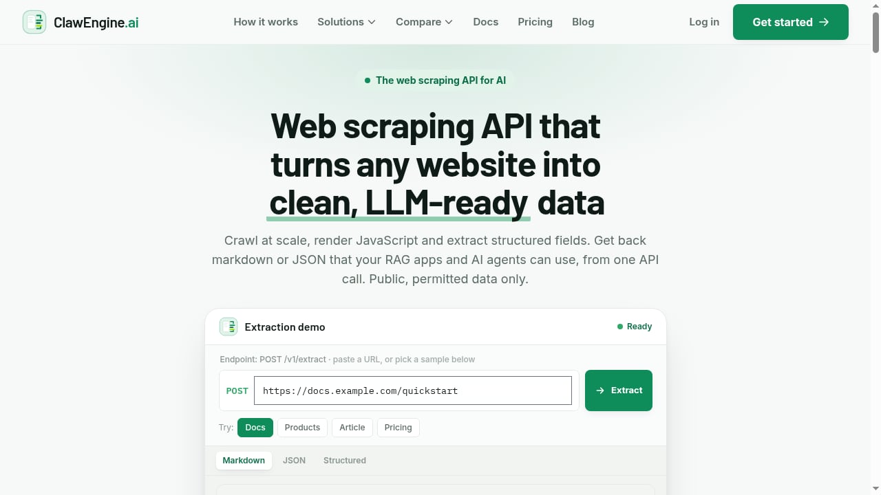 First viewport screenshot of Web Scraping API for Clean, LLM-Ready Data | ClawEngine.ai