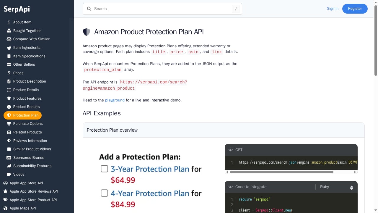 First viewport screenshot of Amazon Product Protection Plan API - SerpApi