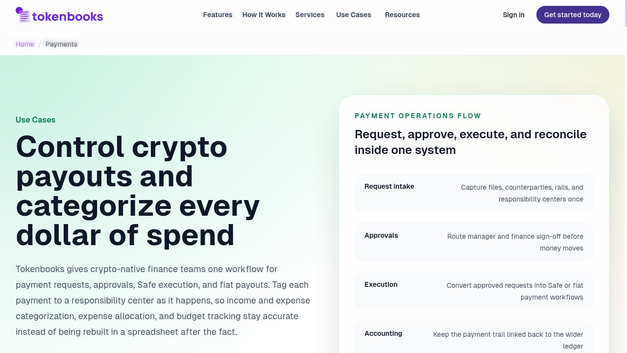 First viewport screenshot of Crypto Payments With Responsibility Center Budget Tracking — Tokenbooks