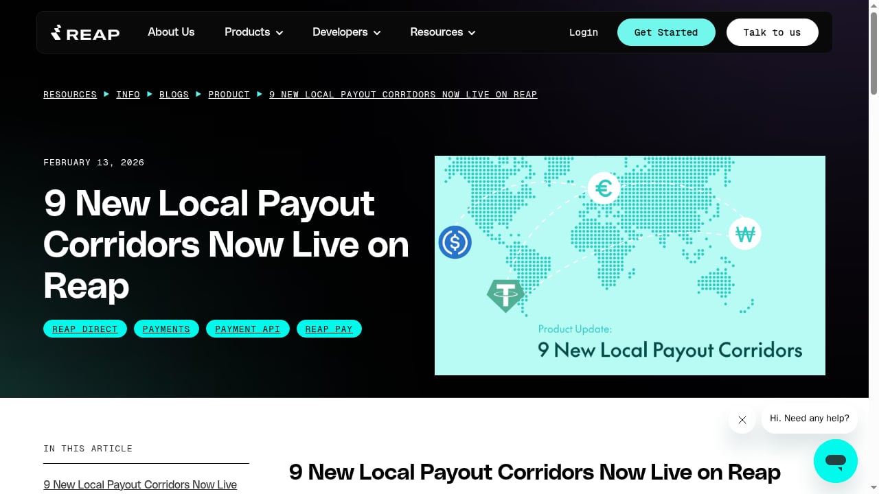 First viewport screenshot of 9 New Local Payout Corridors Now Live on Reap