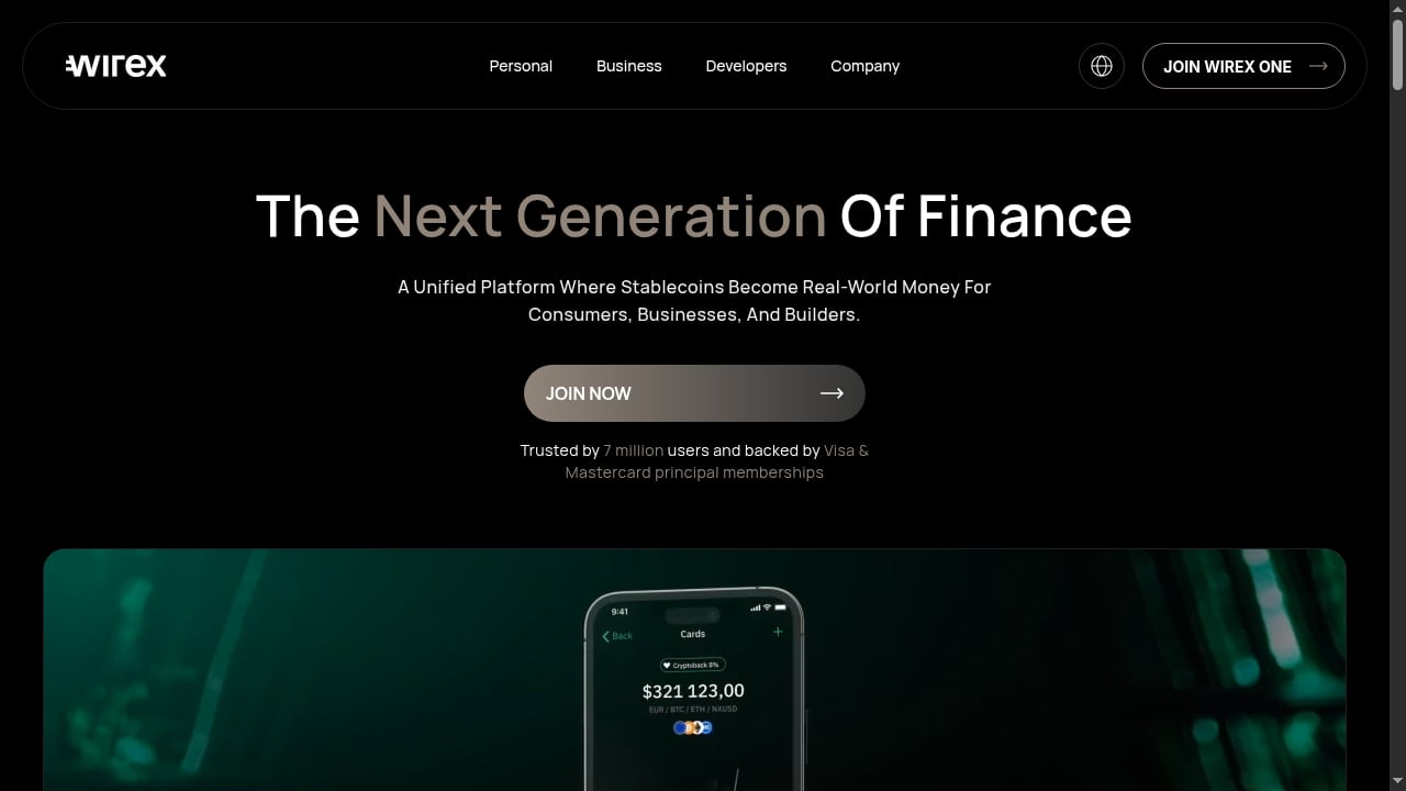 First viewport screenshot of Wirex | Crypto Wallet, Cards & Payments for All