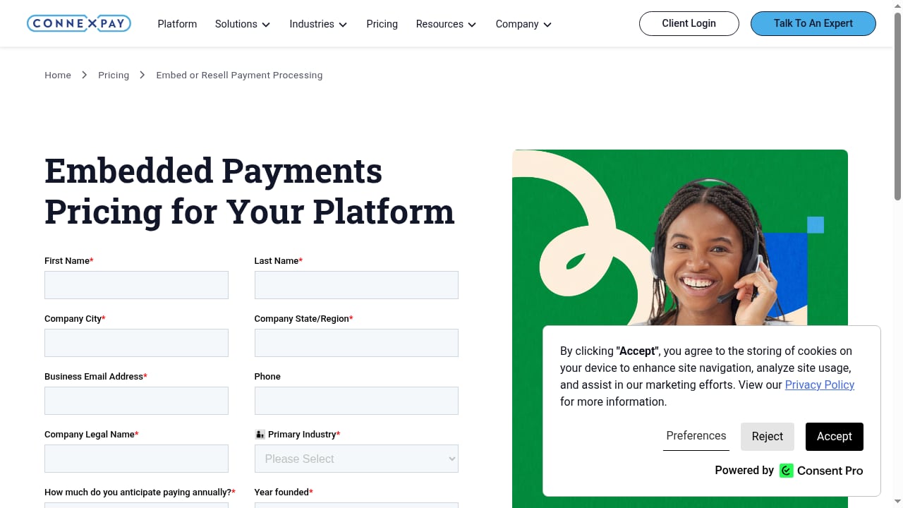 First viewport screenshot of Embedded Payments Pricing - API Payment Platform Cost - ConnexPay