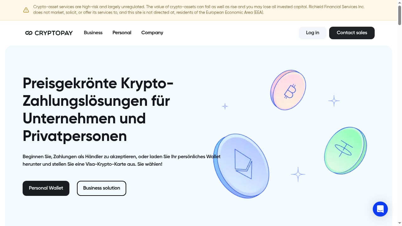 First viewport screenshot of Cryptopay – Krypto-Zahlungen leicht gemacht für Unternehmen und darüber hinaus