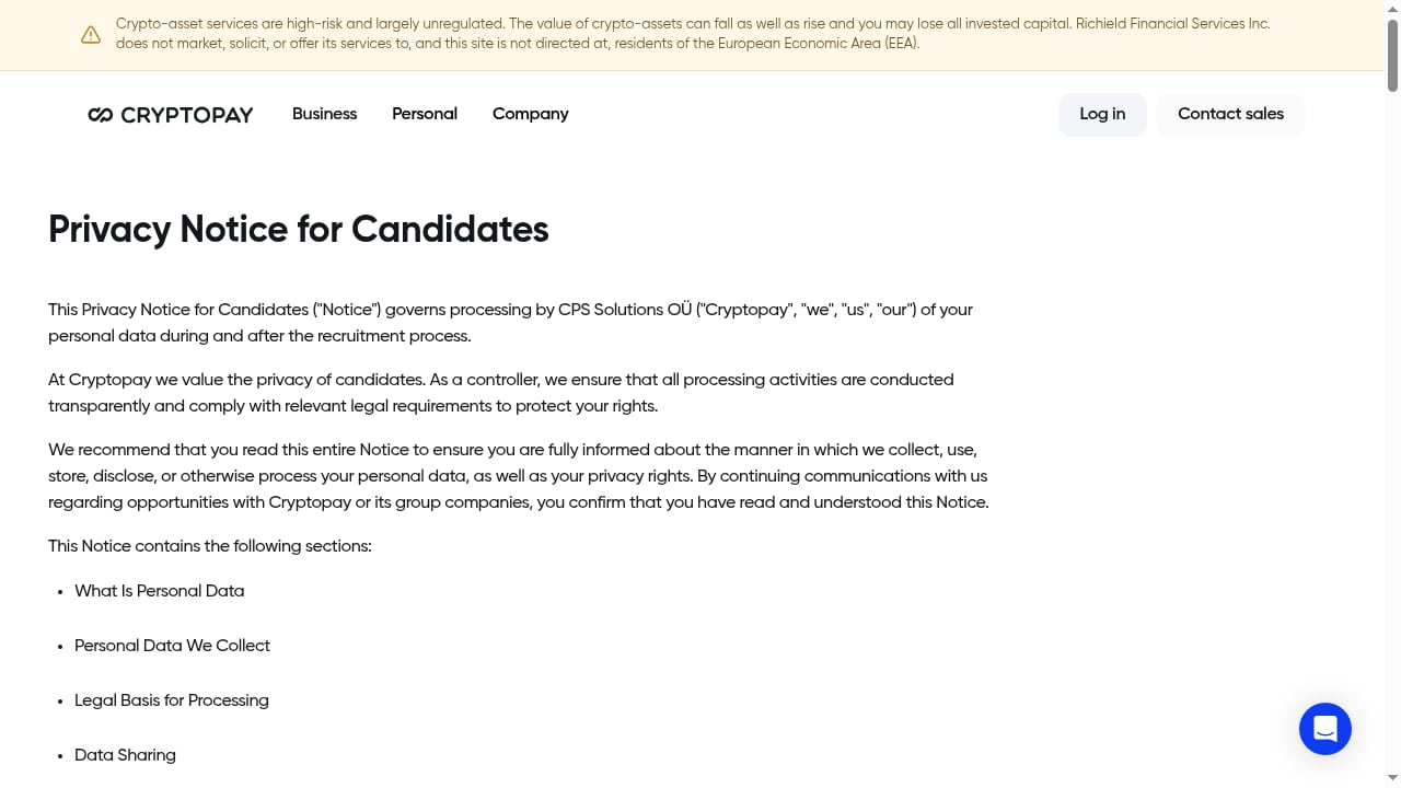 First viewport screenshot of Cryptopay For Business | Privacy Notice for Candidates