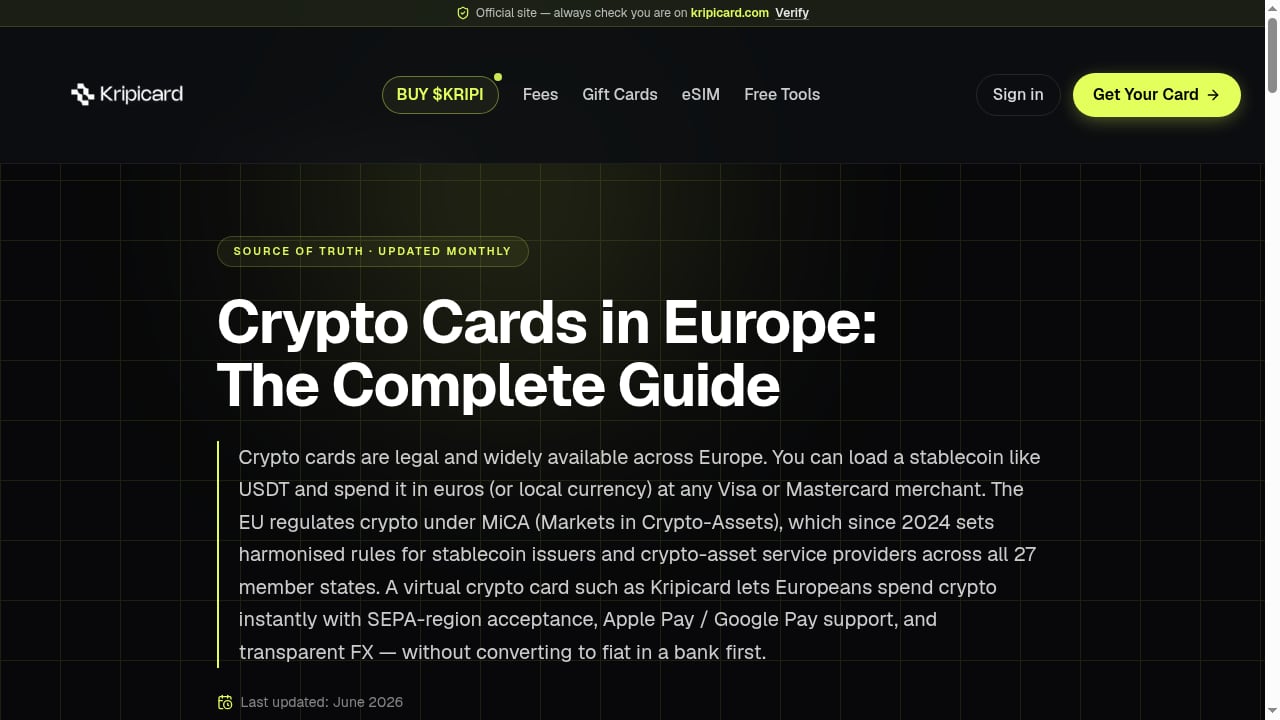 First viewport screenshot of Crypto Cards in Europe: 2026 Guide