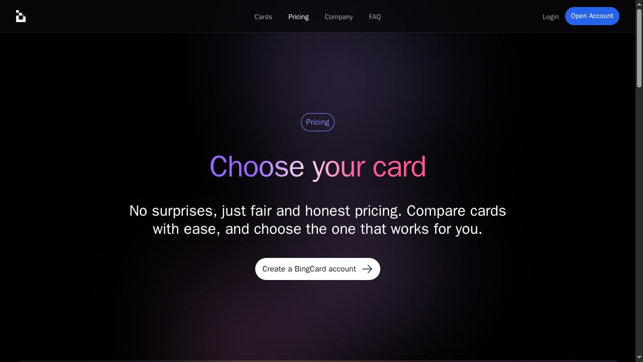 First viewport screenshot of Pricing and Plans - BingCard